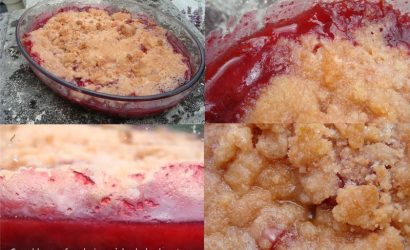 Crumble framboise, rhubarbe et à la poudre d’escampette