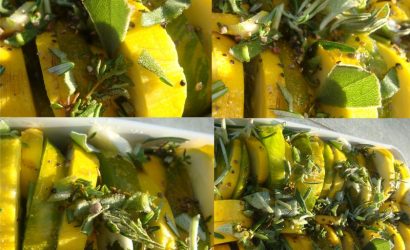 Tian de légumes jaunes courgettes et poivrons jaunes aux herbes du jardin