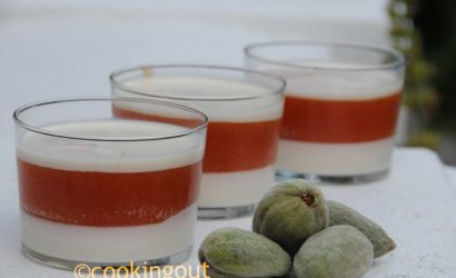 panna cotta au lait d'amande, abricot, pêche et sirop de seringat