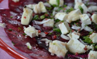 carpaccio de betterave au chèvre et à l’huile de noisette