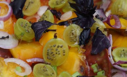 Salade de tomates très fruitée, au choix grenade, groseille ou pastèque.