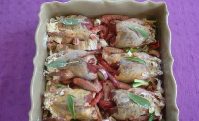 Recette de pigeons farcis ricotta et millet sur un lit de rhubarbe