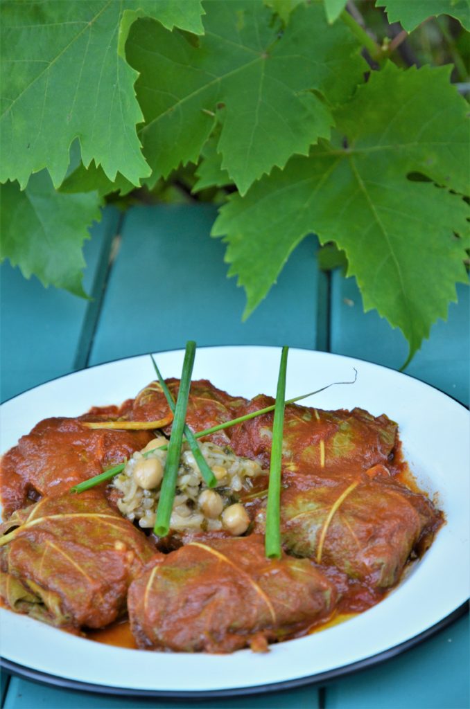 dolmas farcis, feuilles de vignes farcies aux pois chiches, riz et coriandre