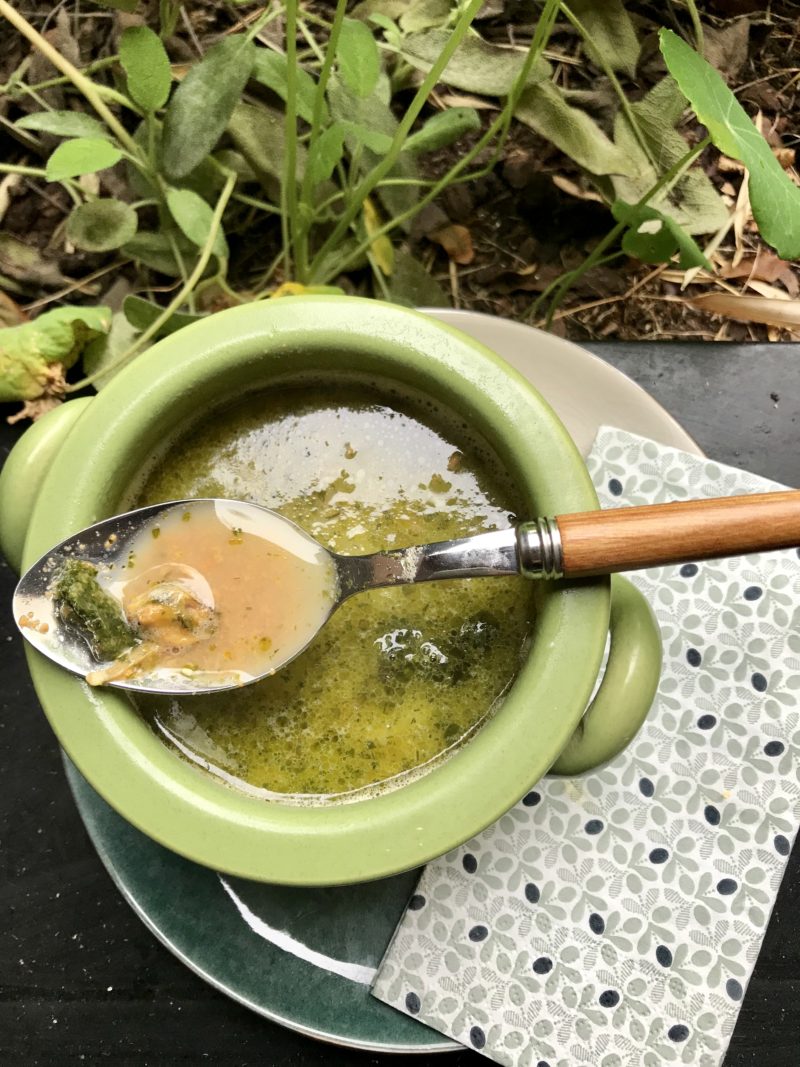 Velouté de corail de St Jacques et moules et à l'aneth