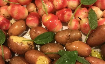 oca du perou, choux de bruxelles et pommes de terre à la sauge