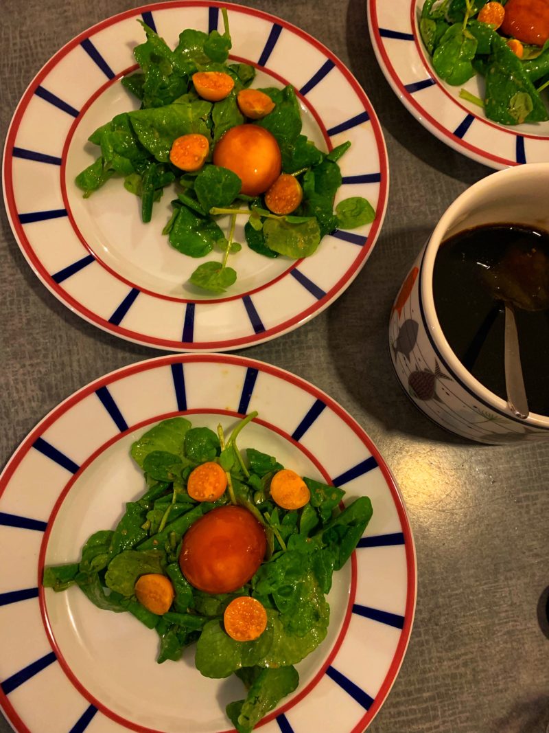 assiettes de salade de cresson et œufs cuit au soja