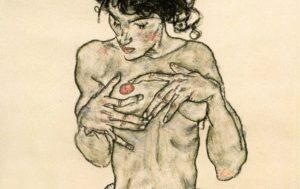 illustration épisode 1 la découverte du cancer du sein, femme agenouillée, à moitié nue II - dessin au crayon de Egon Schiele