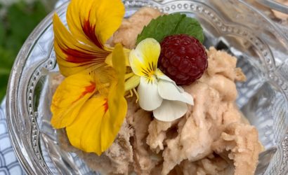 sorbet à la rhubarbe avec décor de fleurs comestibles et premières framboises du jardin