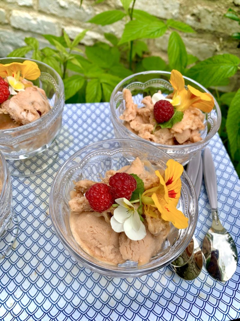 coupes de sorbet à la rhubarbe avec décor de fleurs comestibles et premières framboises du jardin