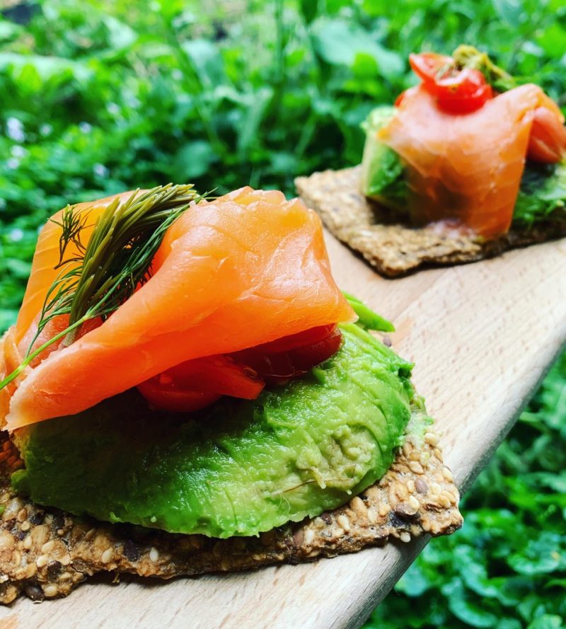 crackers de saumon à l'avocat et bourgeons de sapin